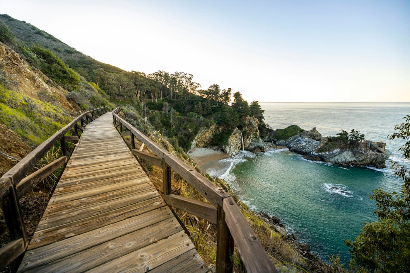 A wooden walkway along the coast